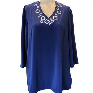 SUSAN GRAVER Blue Tunic with Geometric Embellishments